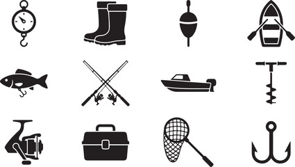 Fishing gear and equipment black silhouette icon set © Open Expression