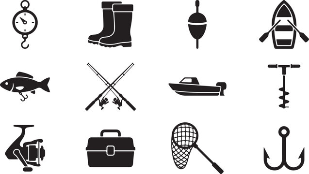 Fishing gear and equipment black silhouette icon set