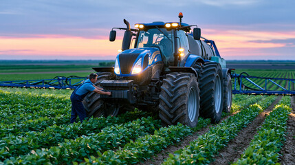 Obraz premium Agricultural engineer adjusting GPS-guided precision sprayer boom on large tractor working soybean field rows at dawn, farmland stretching to horizon under wide rural sky, crop protection technology