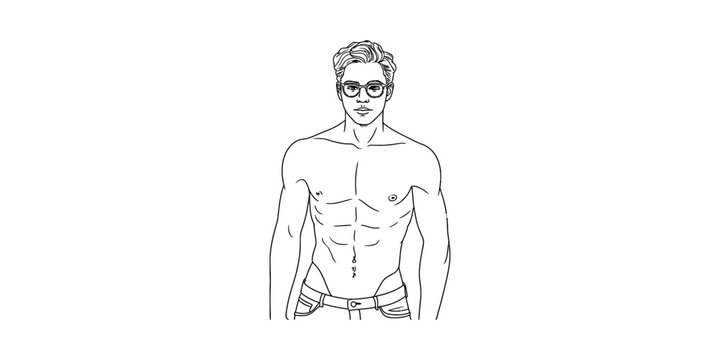 Line art drawing of a fit man with glasses and abs wearing jeans, front view