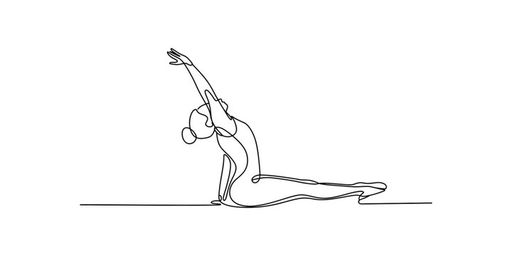 One line drawing of a woman doing a yoga pose, stretching her back and arms up