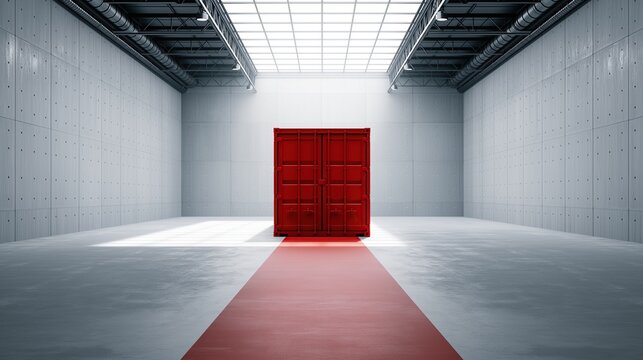 Bright red shipping container stands at end of red carpet inside empty modern concrete warehouse with ceiling windows representing premium logistics and special delivery