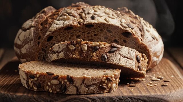 Sliced whole grain artisan bread on wooden cutting board.