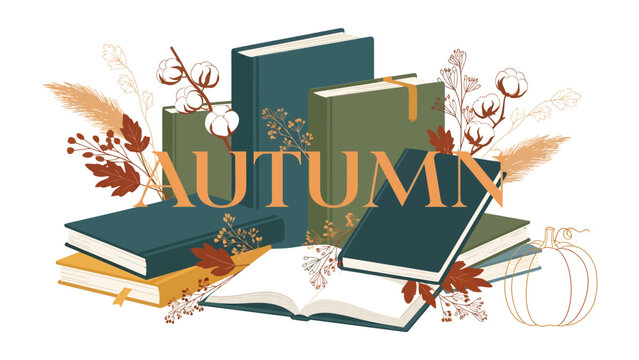 Autumn Reading Collection: A charming illustration showcases a collection of hardcover books, interspersed with autumnal elements like cotton bolls, dried grass, colorful leaves, and a pumpkin.