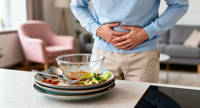 Man holding his stomach in pain after eating, with a pile of dirty dishes on the counter