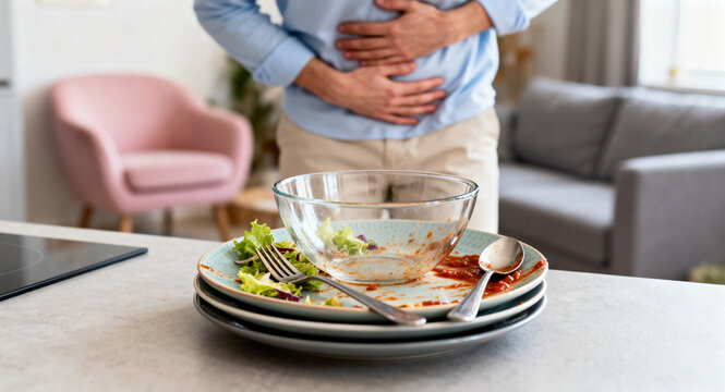 Man holding his stomach after a messy meal, experiencing digestive discomfort at home