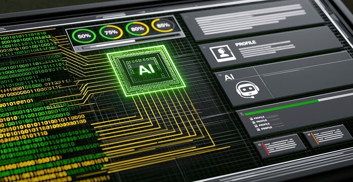 Digitaler Bildschirm mit leuchtendem KI-Chip, Benutzerprofil und Datenanalyse auf dunklem Raster
