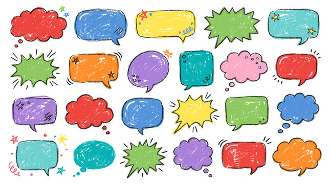 Colorful crayon speech bubble set with hand drawn doodle style