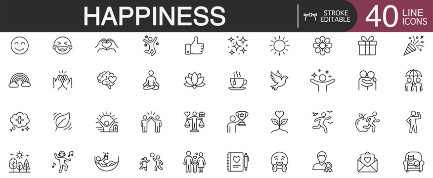 Happiness and mental wellbeing editable stroke line vector icon set featuring positive emotion, life satisfaction, and mindfulness concepts.