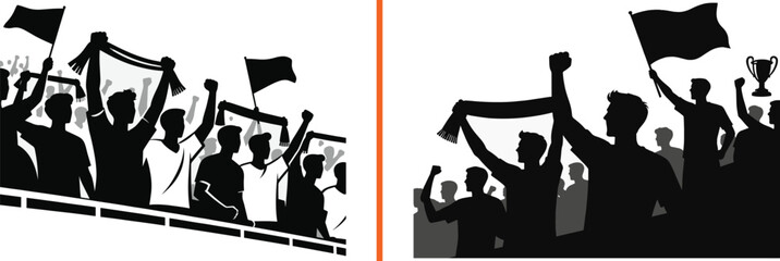 Cheering sports fans silhouette vector set with crowd holding flags and scarves in stadium stands for championship celebration © reza