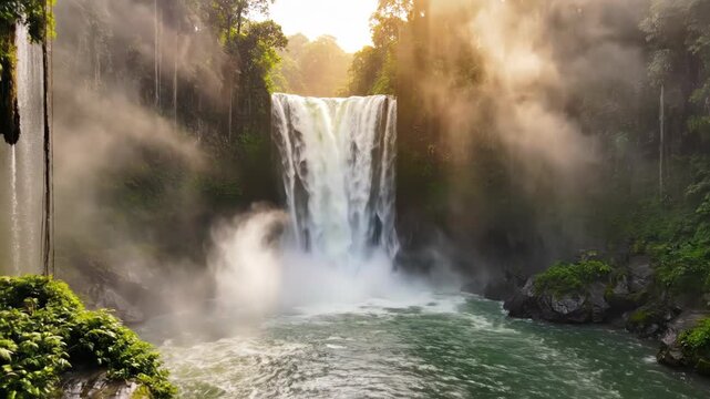 Large tropical waterfall cascading into a natural pool surrounded by dense rainforest foliage, hanging vines, and ferns under misty morning light with soft golden sunbeams filtering through.