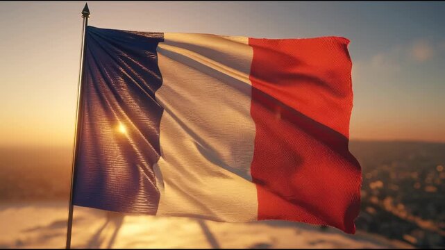 French flag waving in the sunset over a city skyline