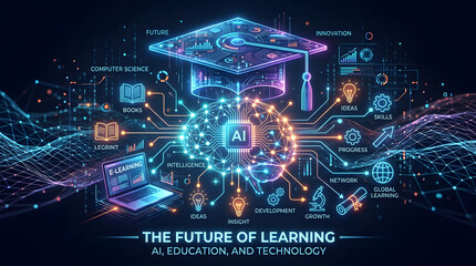 Obraz premium The Future of Learning: AI and Technology Brain with Graduation Cap