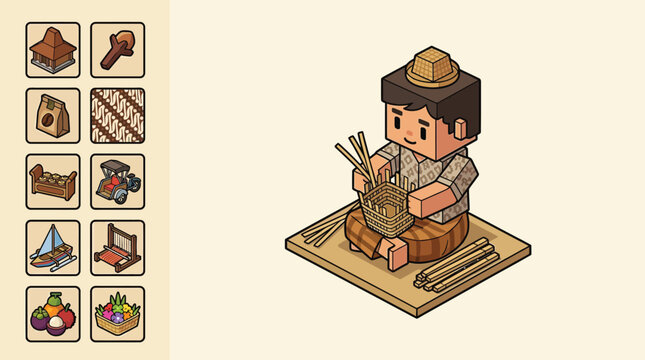Isometric vector illustration of a cute voxel character in traditional Javanese batik weaving bamboo, featuring cultural icons like Joglo house, Wayang puppet, Becak, and Gamelan.