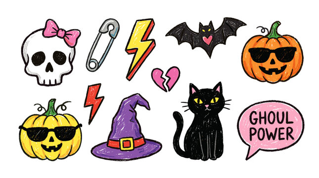 Hand drawn Halloween sticker collection with skull, cat and pumpkins