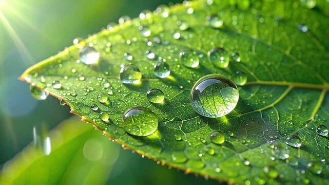 A vibrant green leaf covered in sparkling morning dew drops under bright sunlight