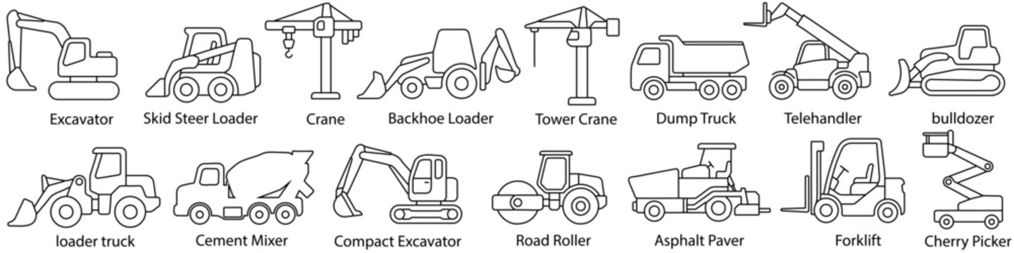 Heavy Machinery CAD Outline Icon Pack with Construction Engineering Industrial Vehicle Vector Symbols