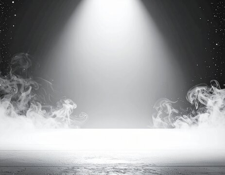 Spotlight on an empty stage with smoke effects, creating a dramatic and atmospheric scene perfect for performances or presentations