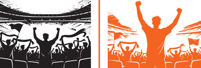 Cheering sports fans in stadium vector illustration set with crowd celebrating victory holding flags and scarves © reza