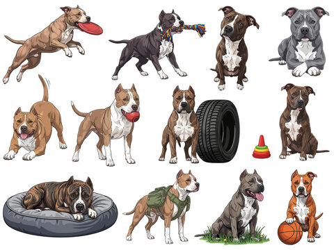 American Pitbull Terrier 12 pose collection set vector illustration