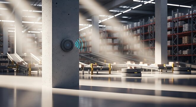 A wireless bluetooth beacon mounted on a concrete pillar in a modern automated warehouse with autonomous robots navigating between storage racking systems
