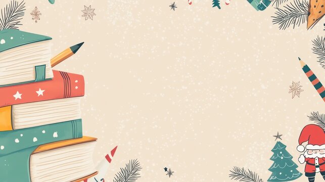 Books, Christmas, Study, Holiday Decor, Peaceful Background, Educational, Festive, Winter Theme, Illustration, Possible use for website headers, book covers, holiday greeting cards