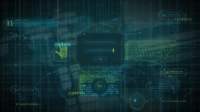 Futuristic Cyber Security HUD Interface with Password Login and Biometric Hand Scan