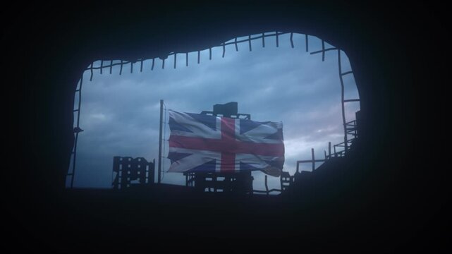 Dramatic Zoom Toward British Flag Through Ruined Building Opening
