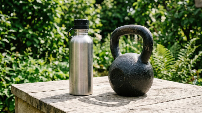 Yoga for anxiety relief can be enhanced with regular exercise and hydration, shown here by kettlebell and water bottle on wooden table in peaceful outdoor setting