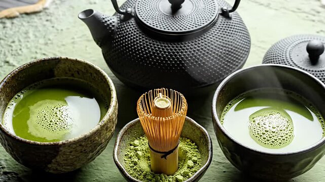 Traditional Japanese matcha tea set with bamboo whisk and teapot