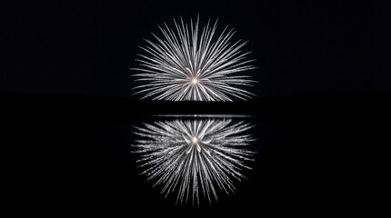 Fototapeta premium Minimalist Silver Starburst Firework with Perfect Reflection on Black Lake – 5K Elegant Night Celebration Stock Photo
