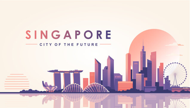 Singapore Skyline Banner with Modern City Landmarks at Sunset. Minimalist flat design vector background featuring the Singapore city skyline silhouette at dusk. I