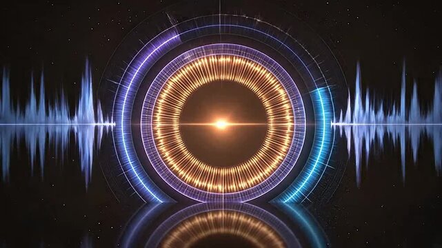 A glowing circular light portal radiates energy against a dark digital background