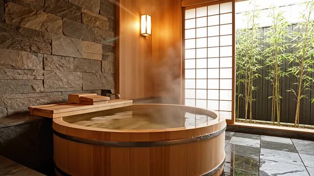 Traditional Japanese wooden bathtub in stone spa room with view.
