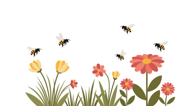 Colorful flowers and flying bees.