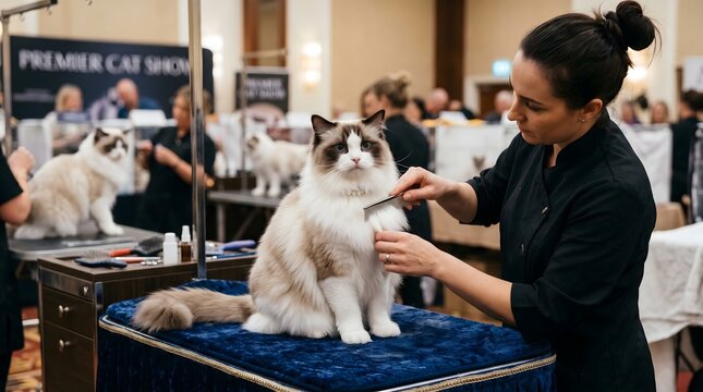 Professional groomer combing a ragdoll cat at a premier cat show