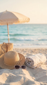 Summer beach essentials resting on the warm white sand