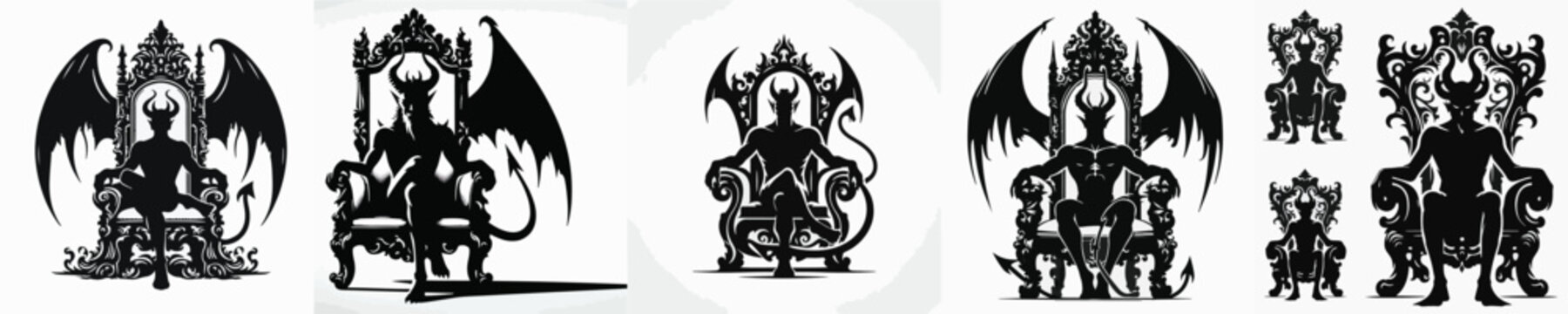 Vector silhouette of devil sit on throne