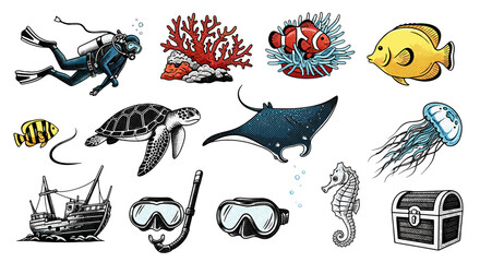 Obraz premium Set of hand drawn underwater sea life illustrations featuring scuba diver marine animals coral reef and sunken treasure chest elements for nautical design projects