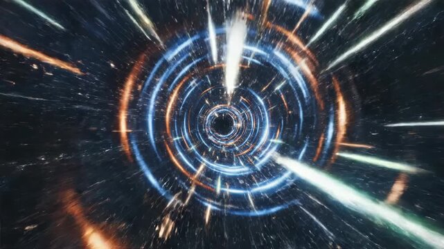 Abstract sports motion background with high-speed light streaks radiating from a central circular tunnel in shades of blue and gold for dynamic cinematic transitions.