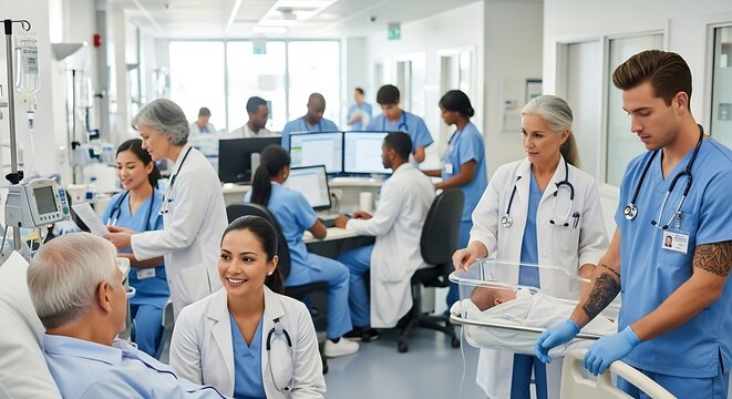 Dedicated Medical Team Collaborating in Modern Hospital Ward.