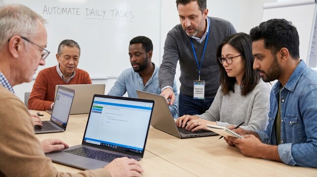 A diverse group of adults learning computer skills in a classroom setting, highlighting education and technology.