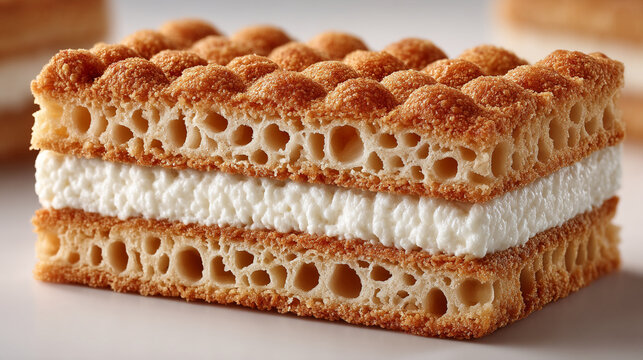 Close up of a layered sandwich cookie with a thick cream filling and textured biscuit