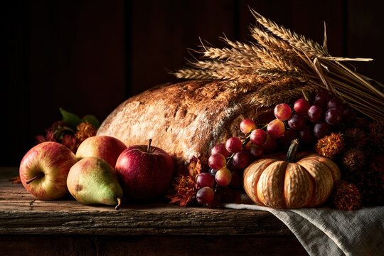 Traditionelles Erntedank-Stillleben mit knusprigem Brotlaib, Weizen, &Auml;pfeln, Trauben und K&uuml;rbis