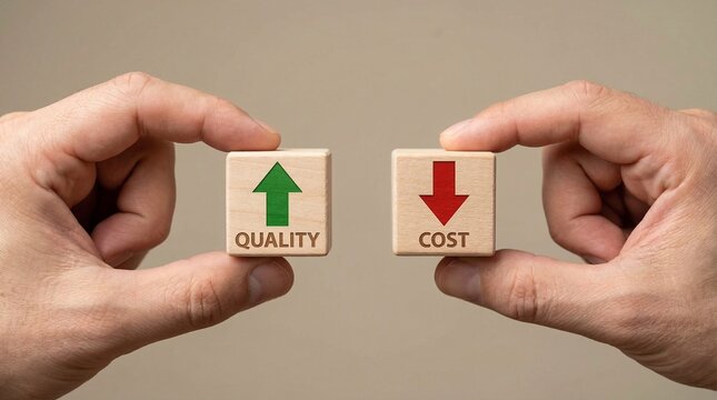 Quality and cost comparison, conceptual blocks with up and down arrow symbols for business.