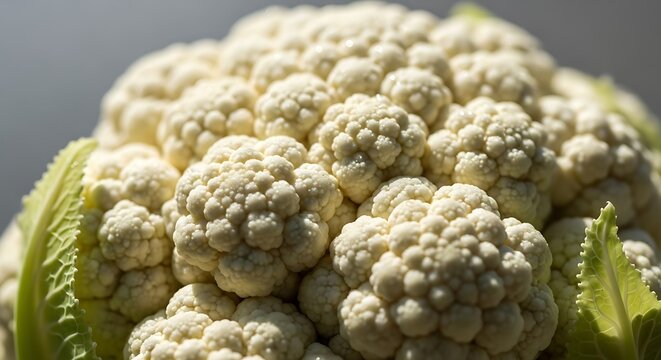 Fresh whole head of light green cauliflower with leaves.