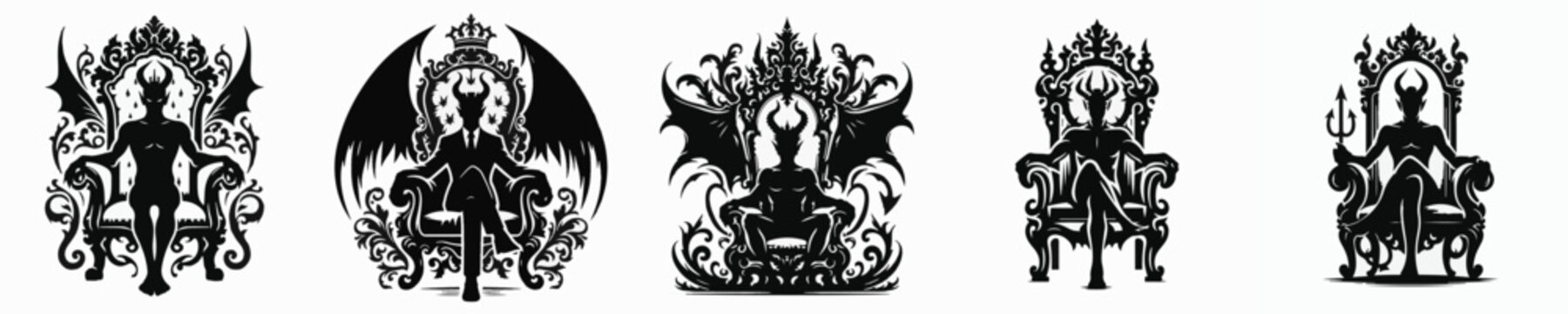 Vector silhouette of devil sit on throne