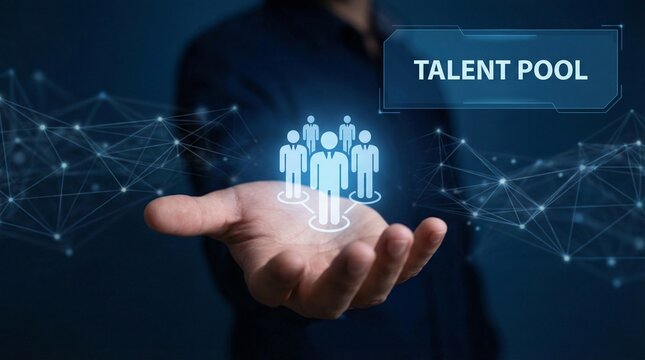 Hand holding a glowing icon of people with the text TALENT POOL, representing human resources and recruitment.