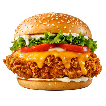 Crispy fried chicken sandwich with cheese and tomato isolated on transparent background