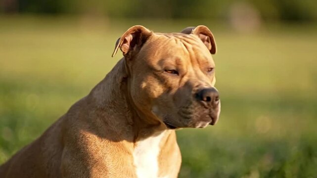 A serene tan Pitbull-type dog calmly rests in a vibrant green field, bathed in warm sunlight, showcasing its gentle temperament and tranquil outdoor presence